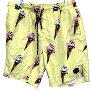 Neff Mens Shorts Size Large Board Swim Yellow Ice Cream Cones Drawstring Trunks
